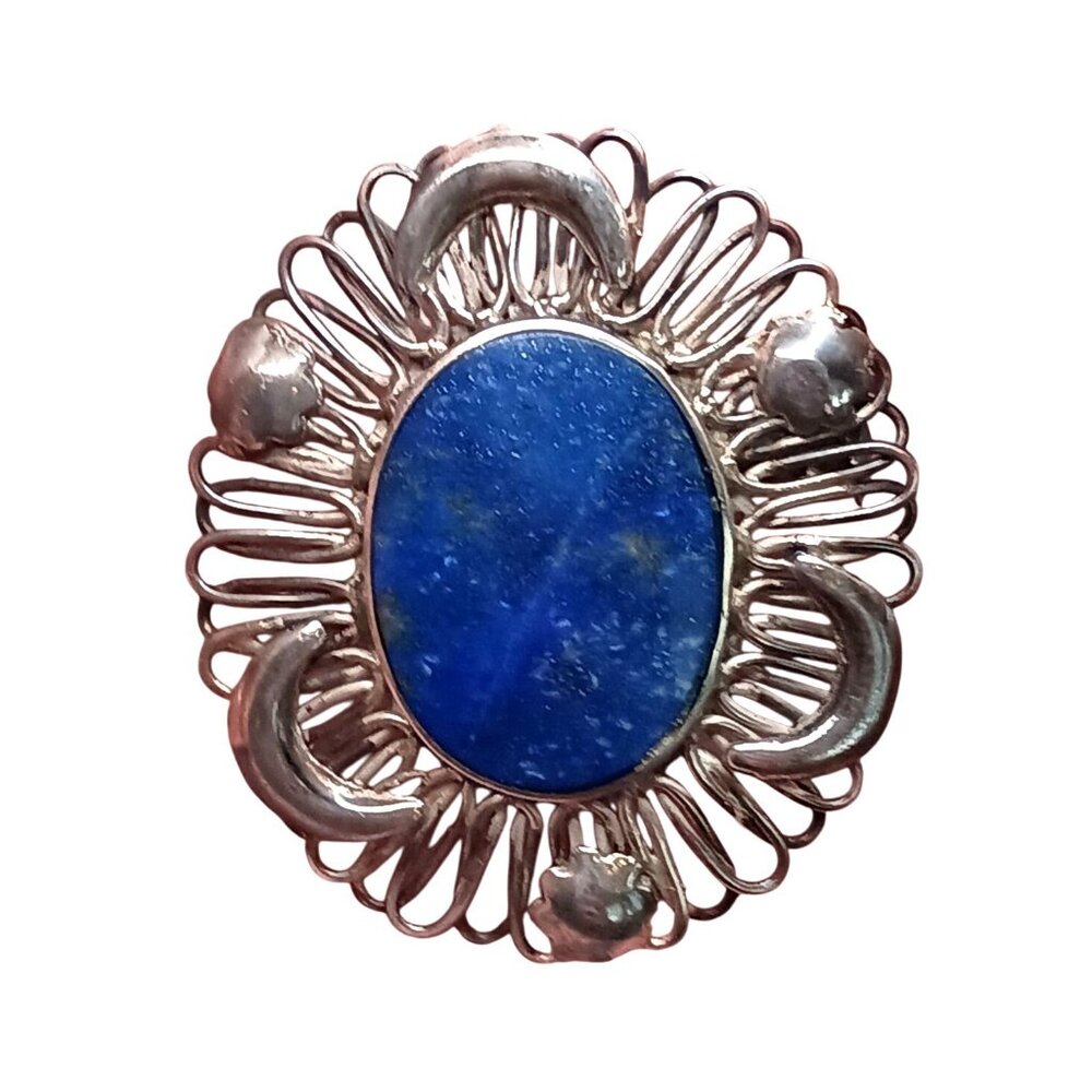 Art Deco 925 Sterling Silver Lapis Lazuli Brooch Pendant Brooch w/Moon & Stars - Picture 2 of 9